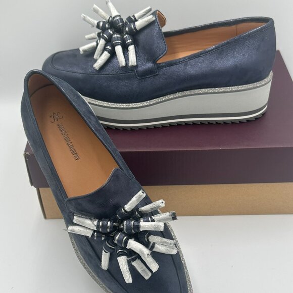 Johnston & Murphy Gracelyn Navy Metallic Tassel Platform Loafer Size 8.5 - Picture 6 of 6
